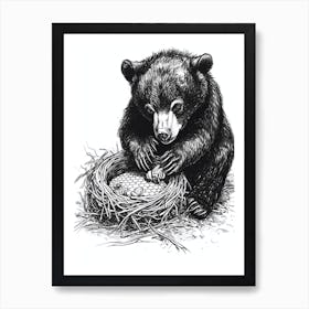 Malayan Sun Bear Cub Playing With A Beehive Ink Illustration 4 Art Print