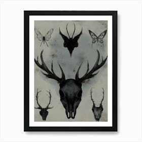 Dark Gothic Deer Skulls Art Print