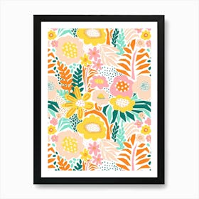 Paper Cut And Doodle Floral Collage Mint Yellow Pink Orange Art Print