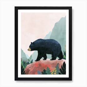 American Black Bear Walking On A Mountrain Storybook Illustration 2 Art Print