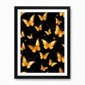 Golden Butterflies On Black Background 1 Art Print