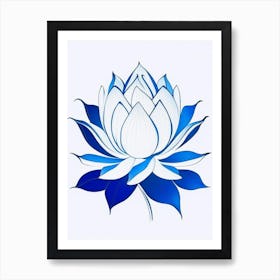 Lotus Flower And Water Symbol Blue And White Line Drawing Art Print