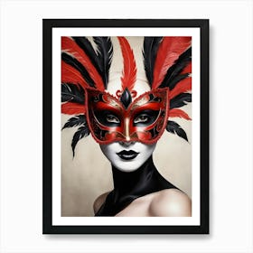 A Woman In A Carnival Mask, Red And Black (15) Art Print