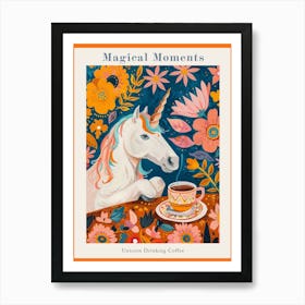 Floral Fauvism Style Unicorn Drinking Coffee 3 Poster Art Print