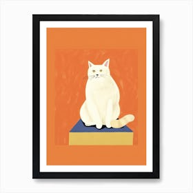 White Cat Orange Background Illustration 5 Art Print