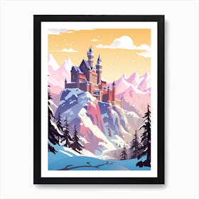 Vintage Winter Travel Illustration Schloss Neuschwanstein Germany 4 Art Print