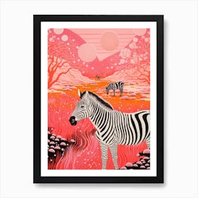 Linocut Pink & Red Inspired Zebra 1 Art Print