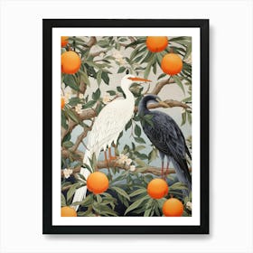 Mandarin Oranges And Cranes 2 Vintage Japanese Botanical Art Print