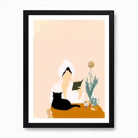 Girl On A Spa Day Reading Books With A Cat Art Print