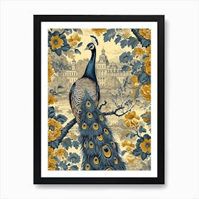 Mustard & Blue Peacock With A Palace Floral Art Print