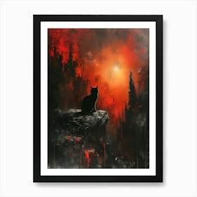 Cat On A Rock, Bichromatic, Surrealism, Impressionism Art Print