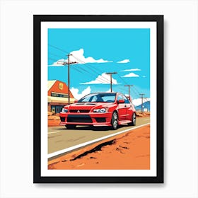 A Mitsubishi Lancer Evolution Car In Route 66 Flat Illustration 1 Art Print