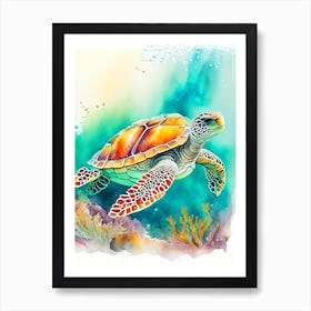 A Single Sea Turtle In Coral Reef, Sea Turtle Watercolour 1 Art Print