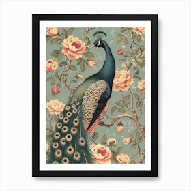 Chalk Blue With Pink Peonies Peacock Art Print