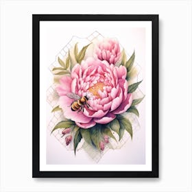 Beehive With Peony Watercolour Illustration 2 Art Print