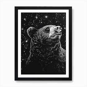 Malayan Sun Bear Looking At A Starry Sky Ink Illustration 3 Art Print
