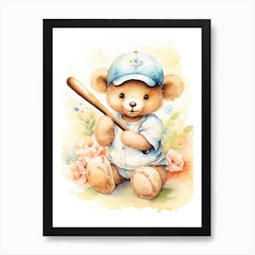 Baseball Teddy Bear Painting Watercolour 3 Art Print