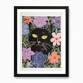 Cute Black Cat With Flowers Illustration 7 Art Print