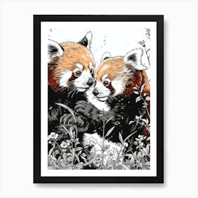 Red Panda Playing Together In A Meadow Ink Illustration 4 Art Print
