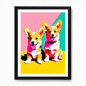 'Corgi Pups', This Contemporary art brings POP Art and Flat Vector Art Together, Colorful Art, Animal Art, Home Decor, Kids Room Decor, Puppy Bank - 69th Art Print