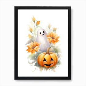 Cute Ghost With Pumpkins Halloween Watercolour 86 Art Print