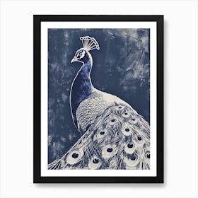 Blue Linocut Inspired Peacock Art Print