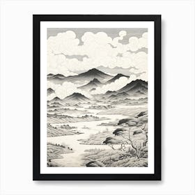 Aso Caldera In Kumamoto, Ukiyo E Black And White Line Art Drawing 1 Art Print