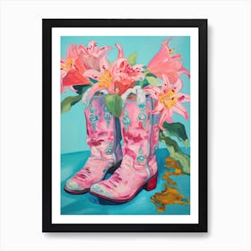 Oil Painting Of Pink And Red Flowers And Cowboy Boots, Oil Style 4 Art Print