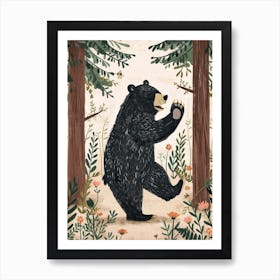 American Black Bear Dancing In The Woods Storybook Illustration 3 Art Print