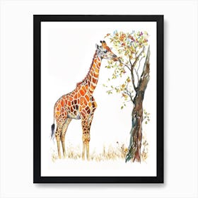 Giraffe By The Tree Watercolour 1 Art Print