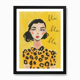 Bla Bla Bla. Woman with Short Hair and Leopard Print Dress. Retro Watercolor Portrait French Art Print