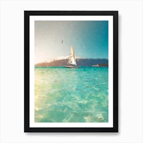 Boat In The Blue Sea Oil Painting Landscape Art Print
