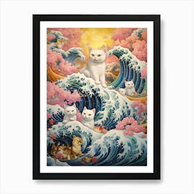 The Great Wave Off Kanagawa With Cats Kitsch Art Print