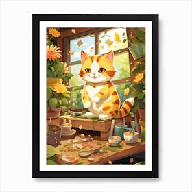 Kawaii Cat Drawings Gardening 3 Art Print