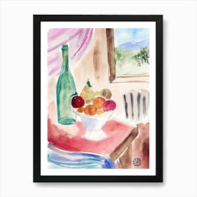 Fruits And Bottle - watercolor hand painted vertical food still life kitchen art dining Art Print