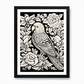 B&W Bird Linocut Parrot 3 Art Print