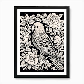 B&W Bird Linocut Parrot 3 Affiche