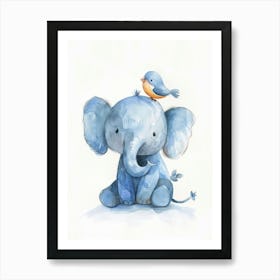 Small Joyful Elephant With A Bird On Its Head 1 Art Print