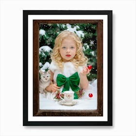 Blonde Child Garnished With A Cherry Red Bow Dressed In Emerald Green Fairytale Garb Gazes Throug Art Print