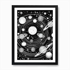 Black And White Drawing Of The Solar System Art Print