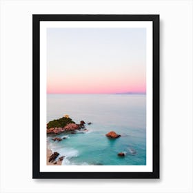 Sveti Stefan Beach, Montenegro Pink Photography 1 Art Print