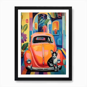 Volkswagen Beetle Vintage Car With A Cat, Matisse Style Painting 2 Art Print