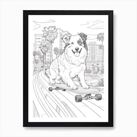 Australian Shepherd Dog Skateboarding Line Art 1 Art Print