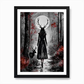 Guardian Witch of the Darkling Woods ~ Witchy Gothic Deer Forest Spooky Fairytale Watercolour  Art Print