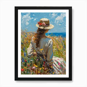 PERFECT - Beautiful Woman on a Summer's Day - Abstract Impressionism Acrylic and Oil on Canvas by British Artist John Arwen Beautiful Colorful Floral Botanical Meadow Gallery Feature Wall Art - Straw Hat Meadow HD Art Print
