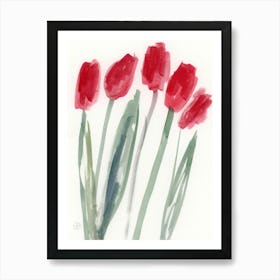 Five Red Tulips - watercolor painting red green minimal floral flowers Anton Maliar vertical light Art Print