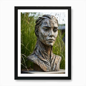 Portrait Sculpture Of A Weathered Human Face Entwined With Grass Wood Textures Enhance The Furrowed Art Print