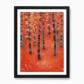 Birch Aspen Tree Forest Landscape Red Art Print