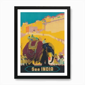 India Vintage Travel Poster, Elephant Art Art Print