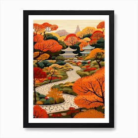 Ryoan Ji Garden, Japan In Autumn Fall Illustration 0 Art Print